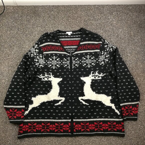 J Jill Sweater Fair Isle Reindeer Cardigan Full Zip Wool Blend Womens 3X